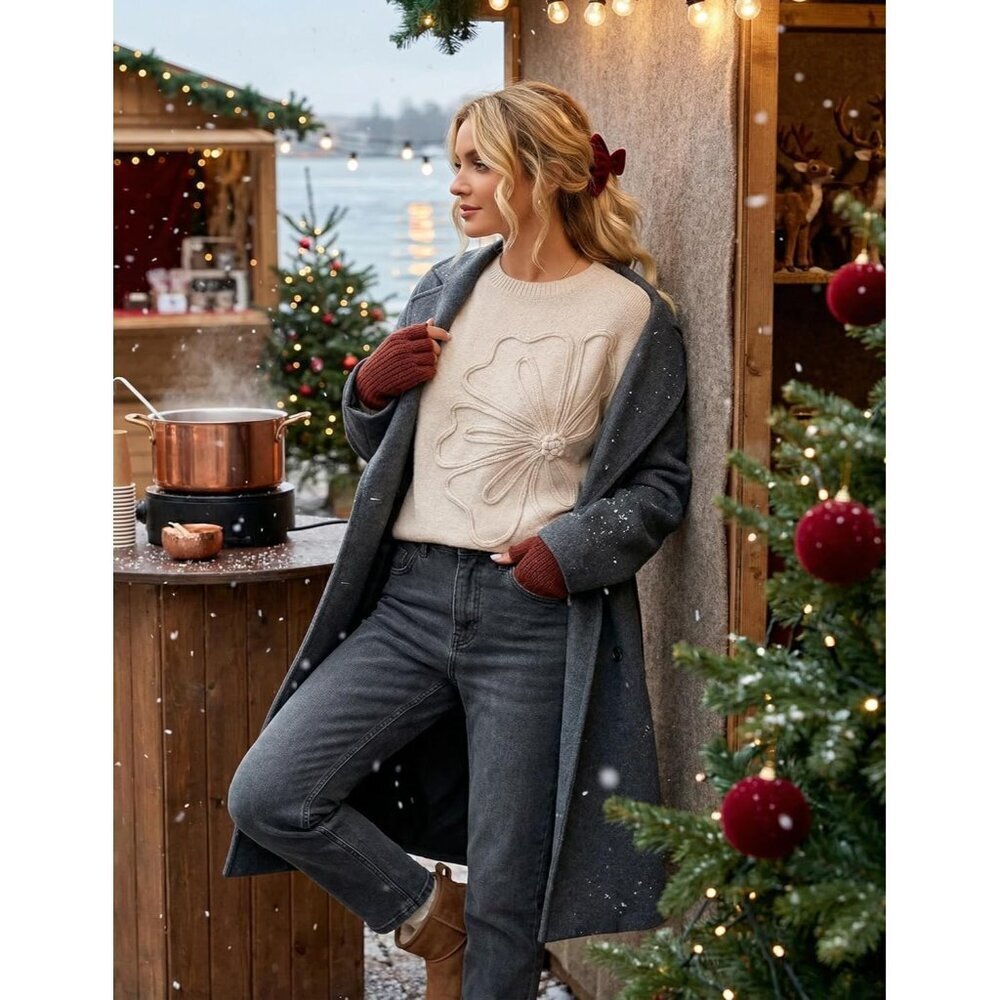 Women's Winter Floral Sweater Crew Neck Lantern Sleeve 2025 Fall Trendy Warm Chu - Picture 3 of 9